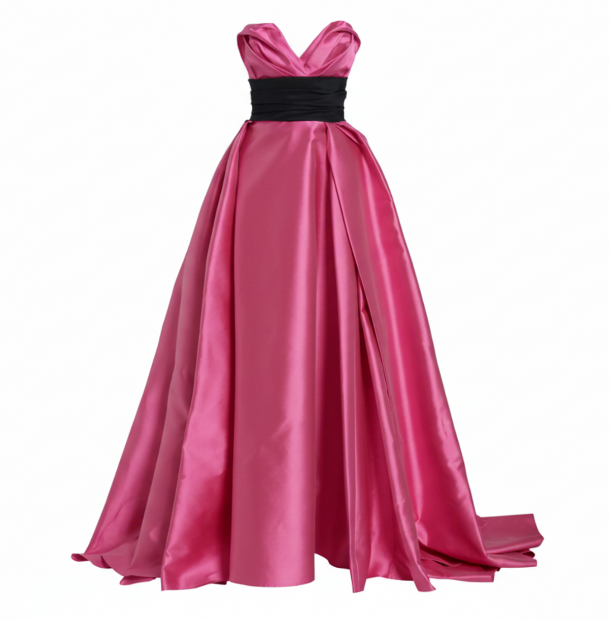 Hot pink Mikado satin sleeveless gown with a sculpted sweetheart neckline and a contrasting black waist sash.