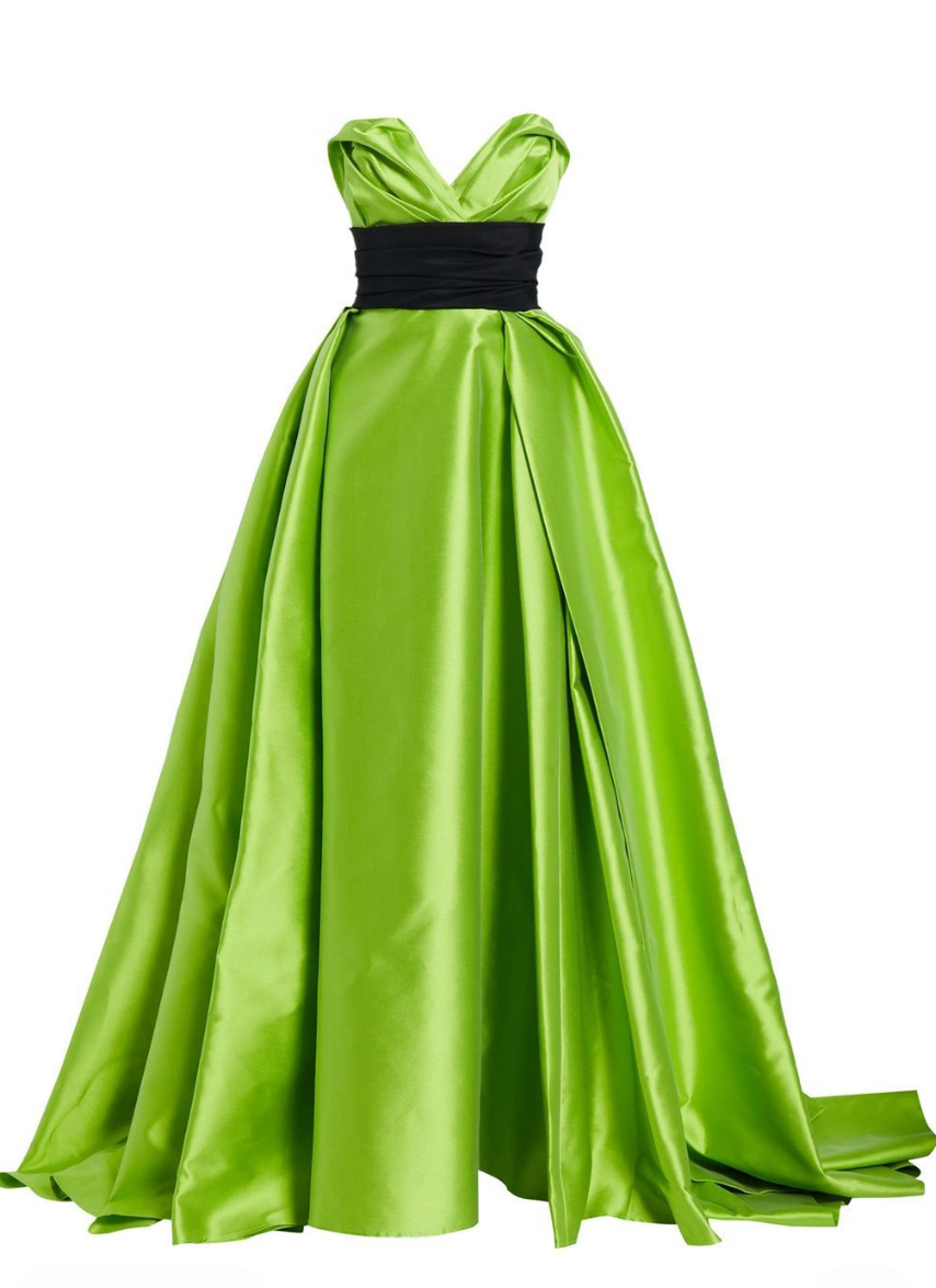 Sleeveless lime green Mikado satin gown with a sculpted sweetheart neckline and a contrasting black waist sash.