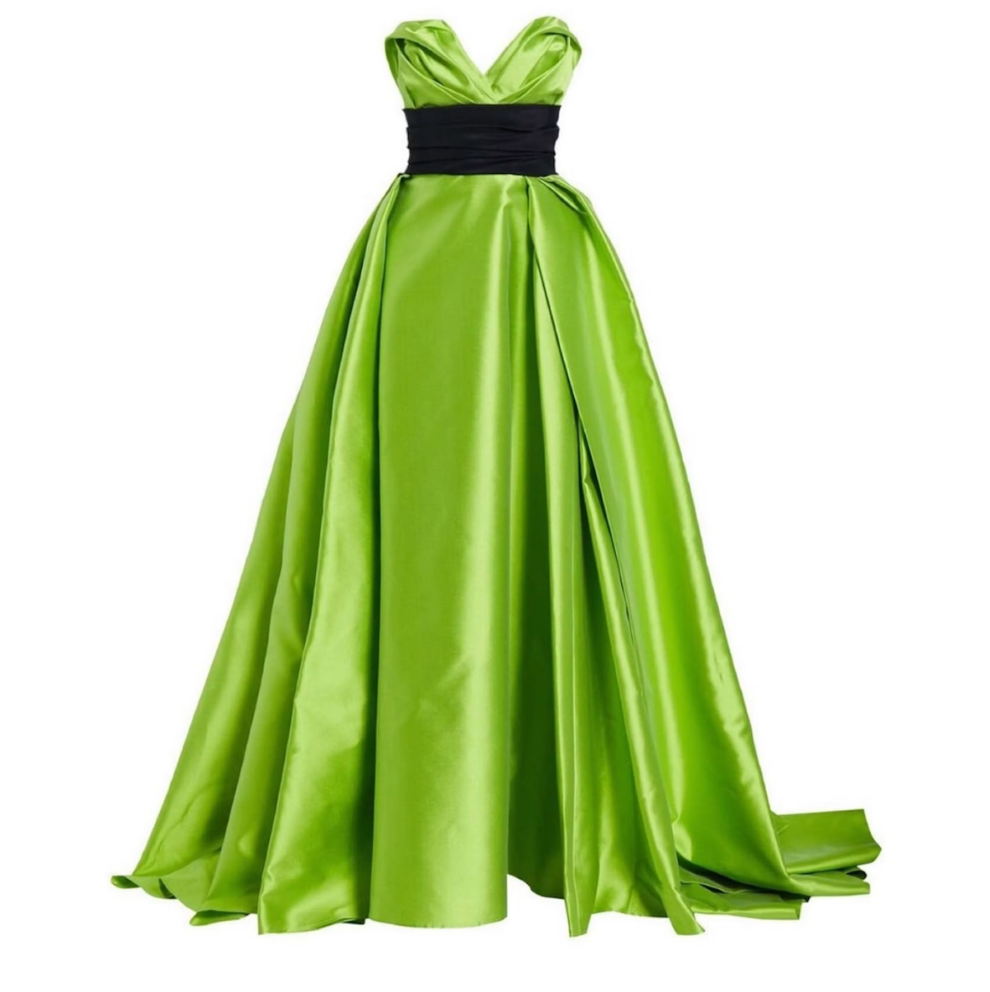 Sleeveless lime green Mikado satin gown with a sculpted sweetheart neckline and a contrasting black waist sash.