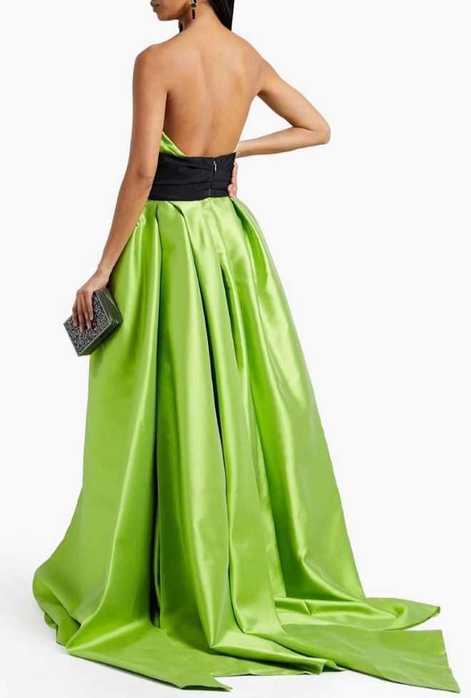 Back view of a lime green Mikado satin gown with a black waist sash, sweetheart neckline, and full pleated skirt.