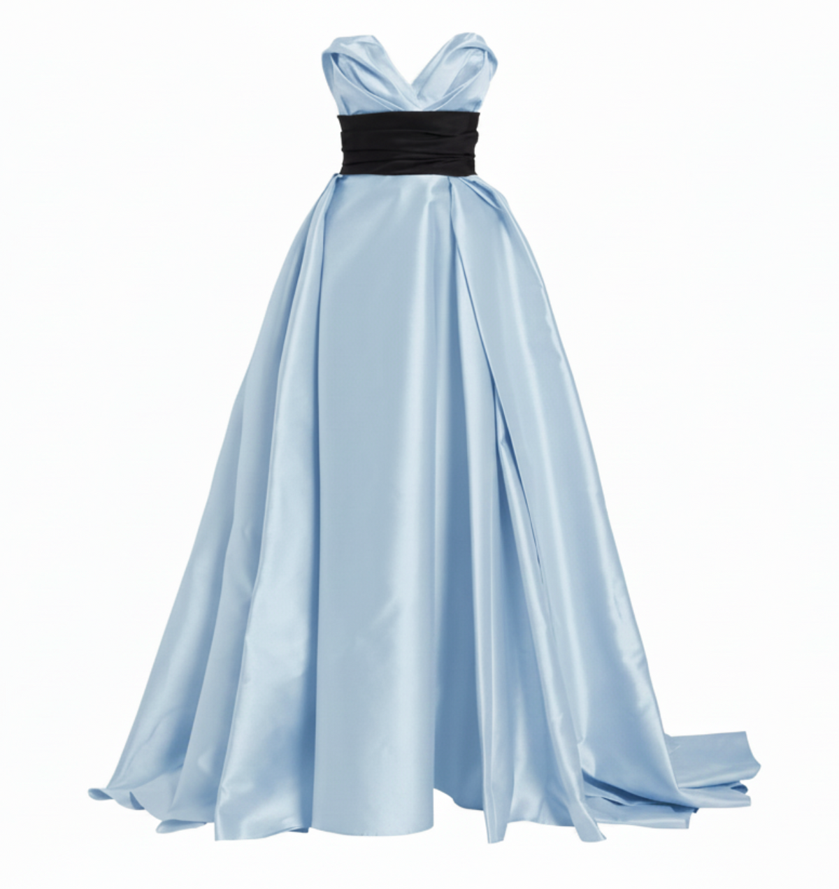 Sleeveless light blue Mikado satin gown with a sculpted sweetheart neckline and a contrasting black waist sash.