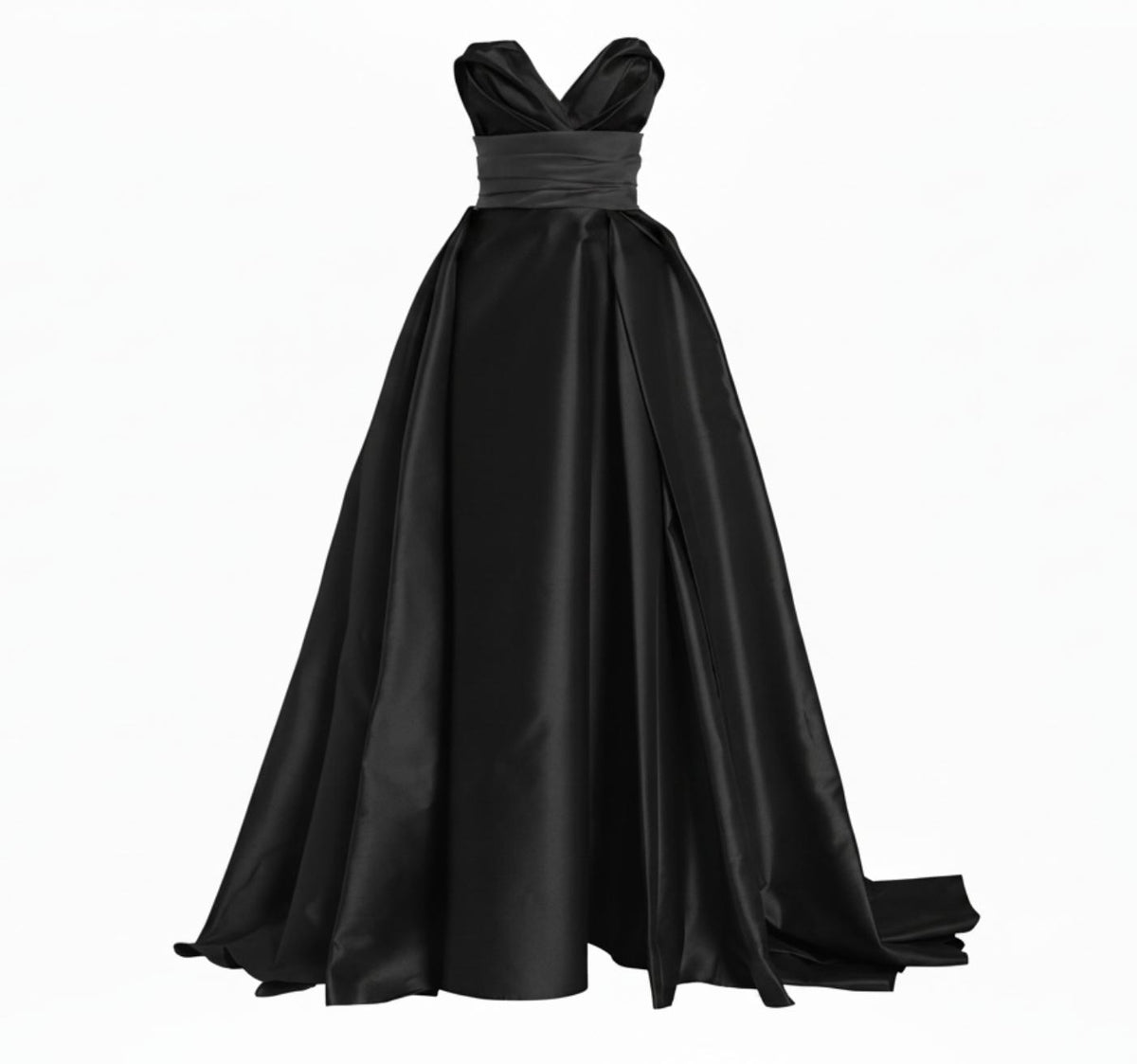 Black sleeveless Mikado satin gown featuring a sculpted sweetheart neckline and a removable waist sash.