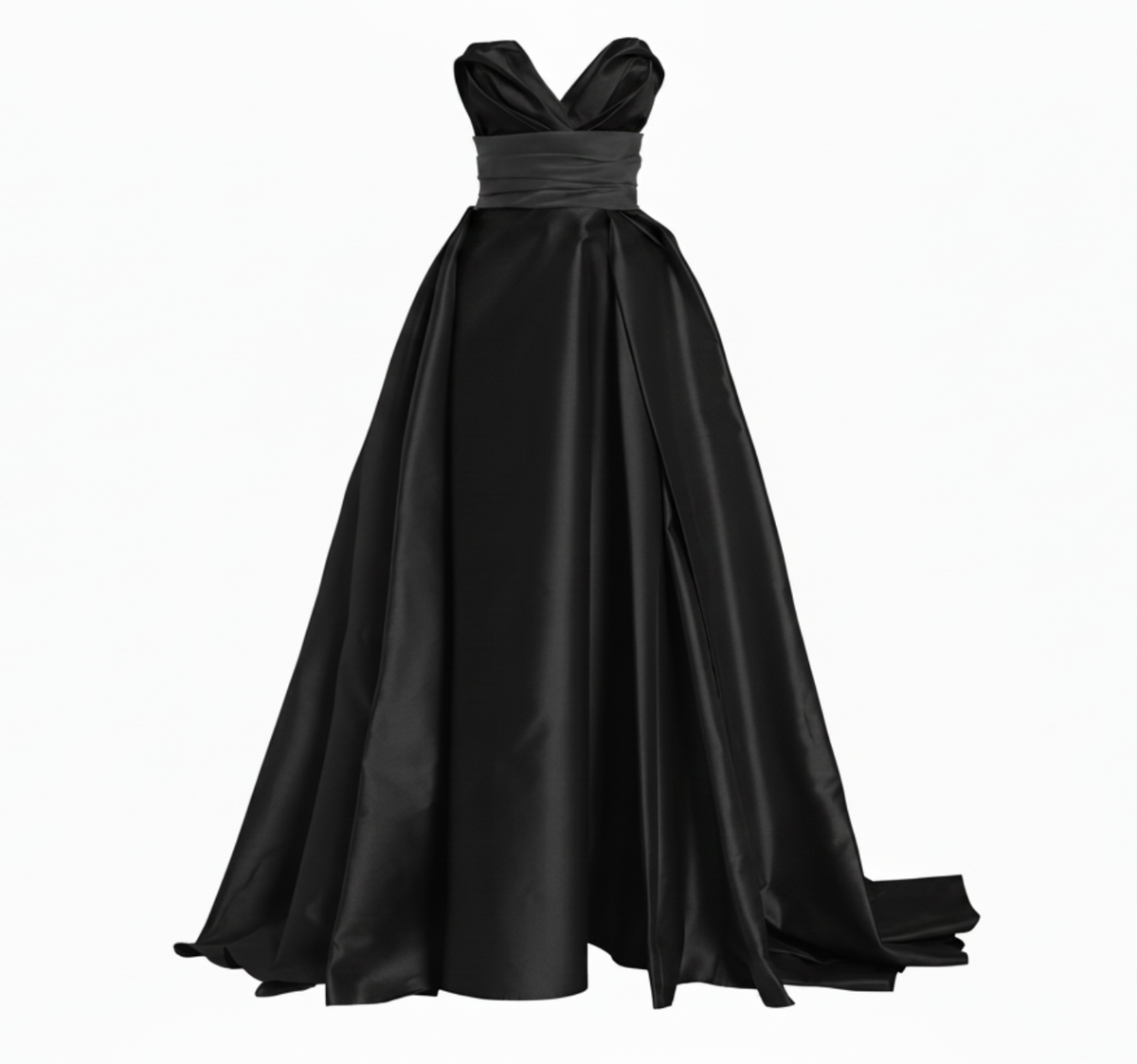 Black sleeveless Mikado satin gown featuring a sculpted sweetheart neckline and a removable waist sash.