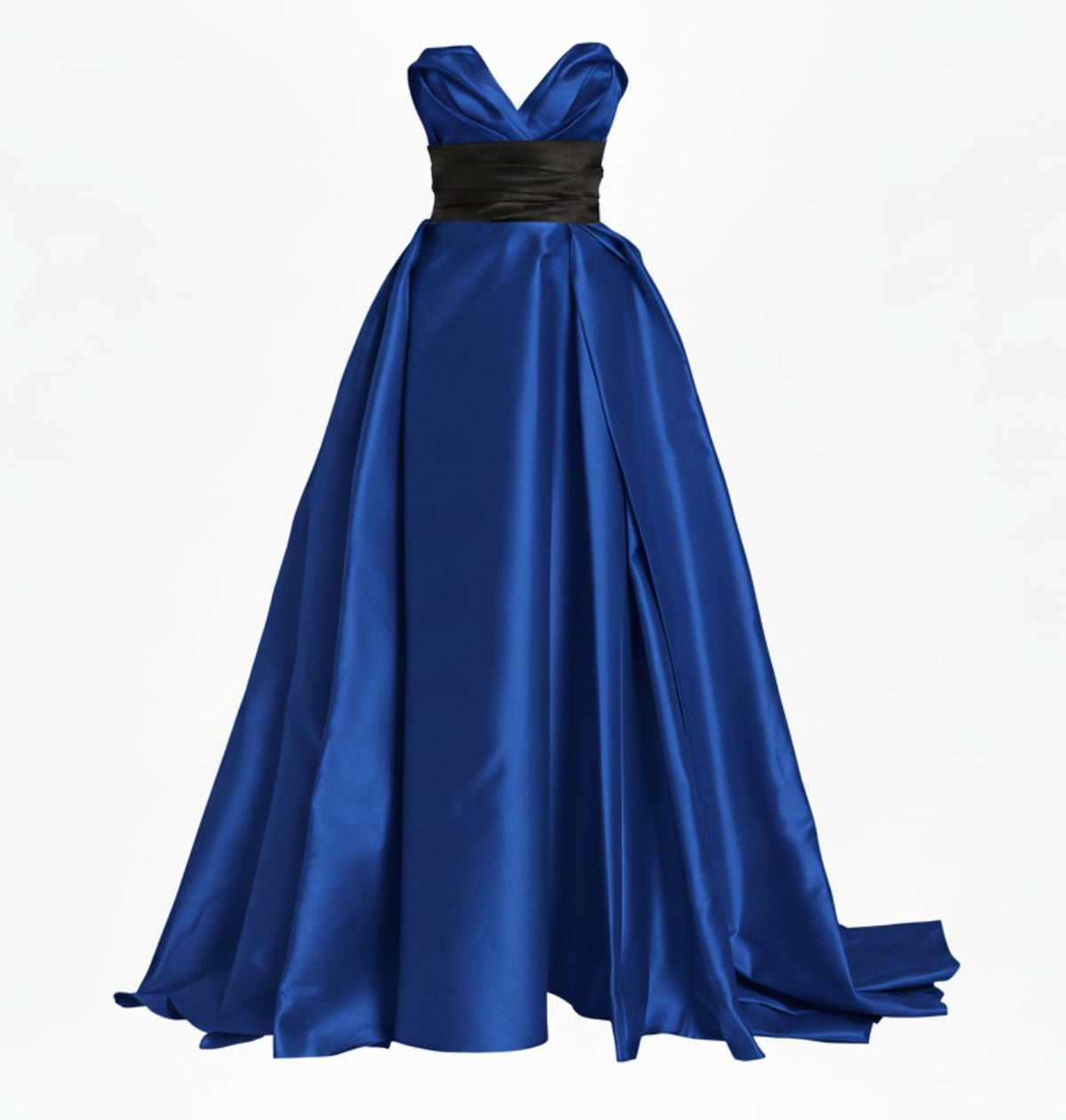 Royal blue sleeveless Mikado satin gown with a sculpted sweetheart neckline and a black waist sash.