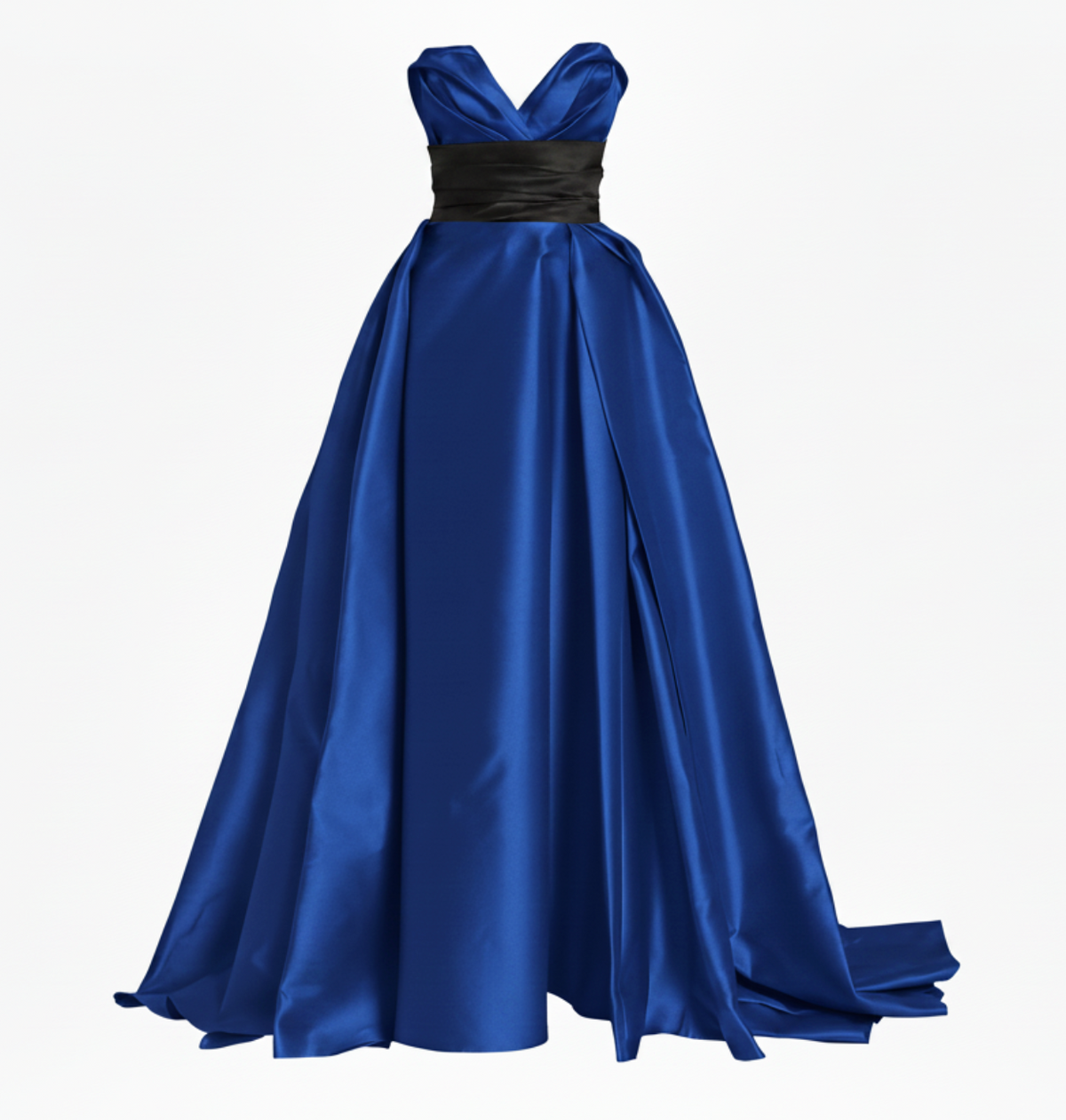 Royal blue sleeveless Mikado satin gown with a sculpted sweetheart neckline and a black waist sash.