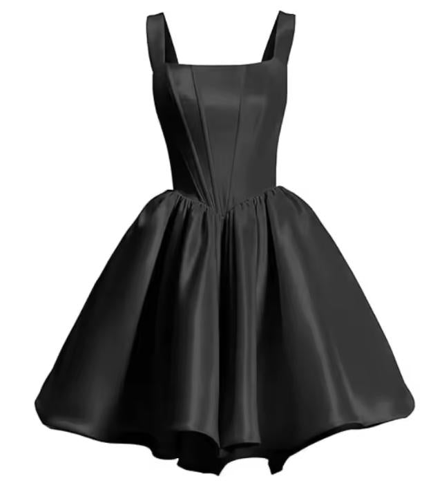 Black satin mini dress with a sleeveless bodice, square neckline, and a voluminous flared skirt.