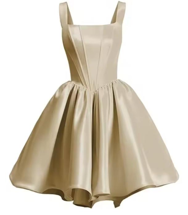 Champagne satin mini dress with a structured bodice, square neckline, and a voluminous flared skirt.