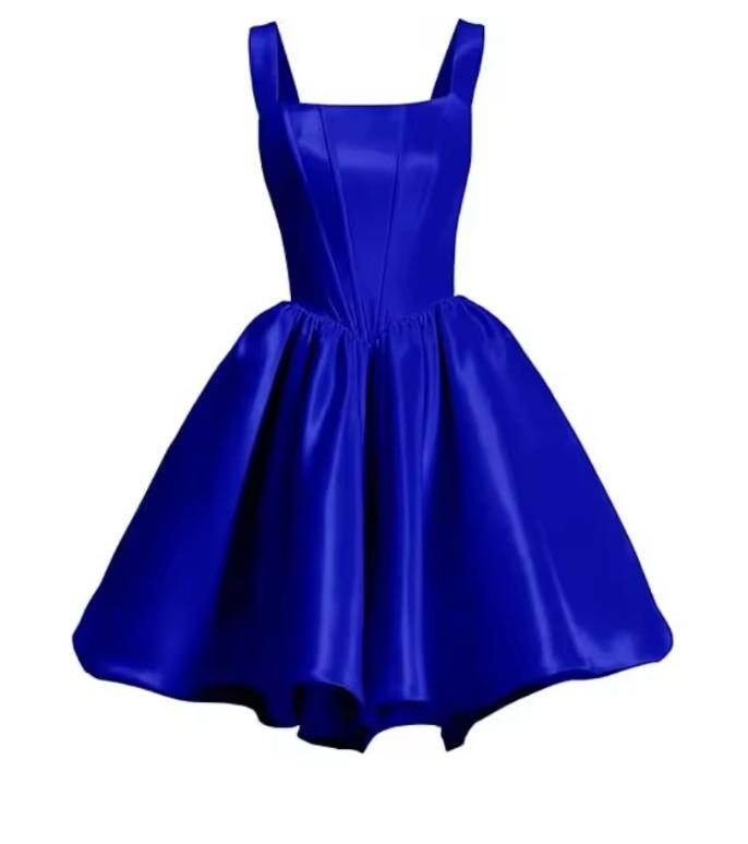 Royal blue satin mini dress with a sleeveless bodice and a flared, voluminous skirt for parties.