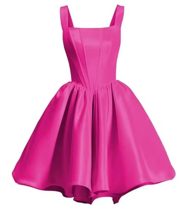 Hot pink satin mini dress with a sleeveless square neckline and a voluminous, pleated flared skirt.