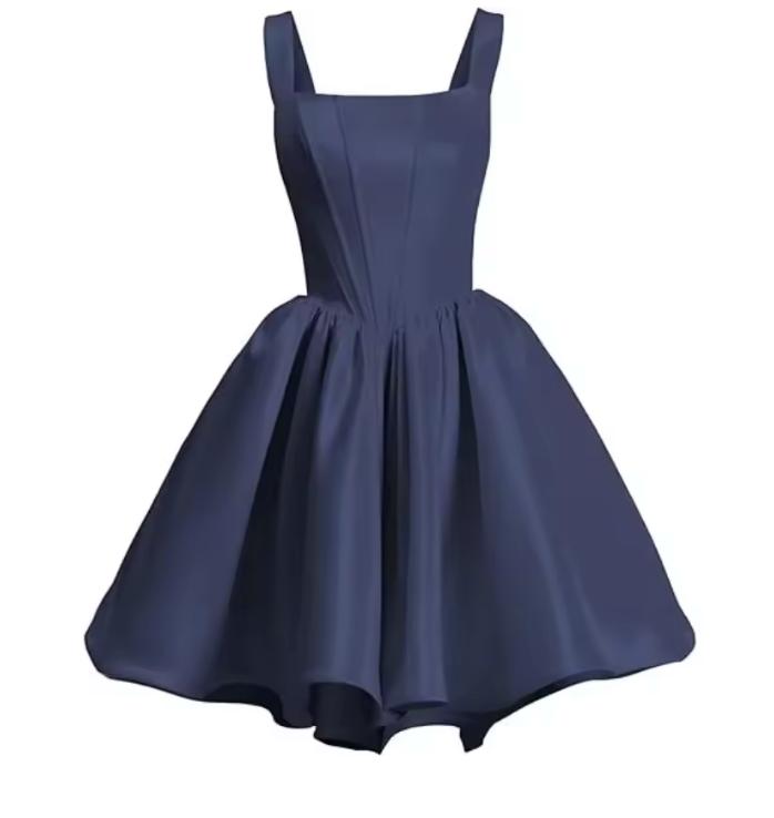 Navy blue satin mini dress with a sleeveless square neckline and a voluminous, flared skirt silhouette.