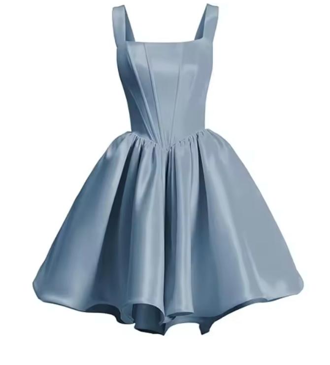 Sleeveless light blue satin mini dress with a structured bodice and a flared, pleated skirt for parties.