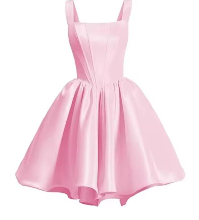 Sleeveless pink satin mini dress with a square neckline, fitted bodice, and a voluminous flared skirt.