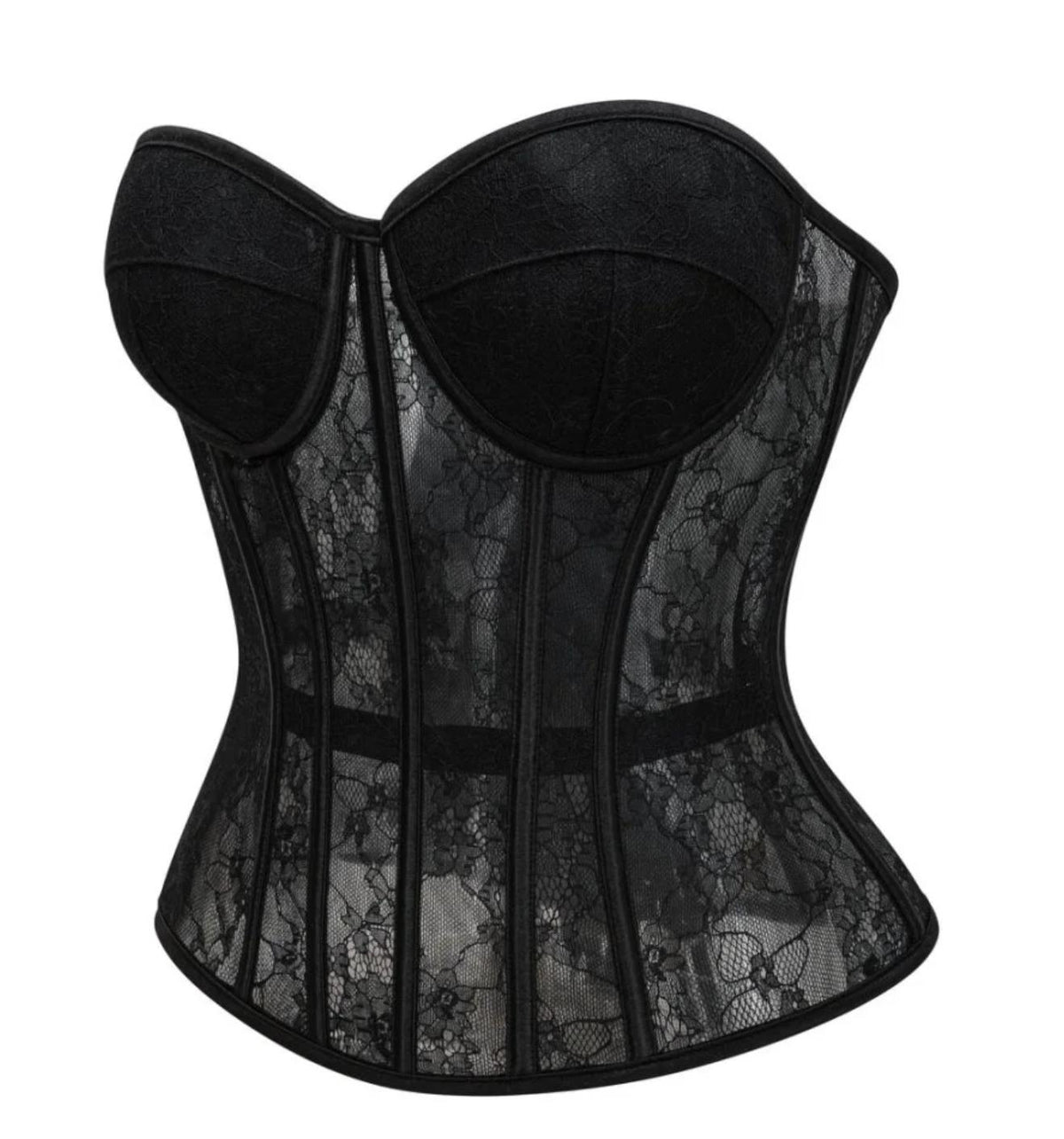 Black see-through floral lace overbust corset with structured boning and a sweetheart neckline.