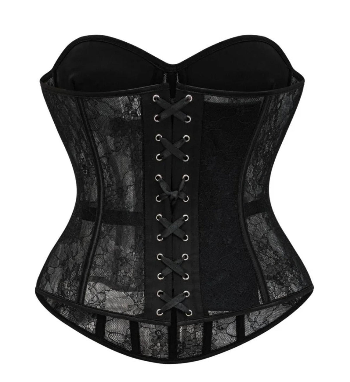 Black floral lace overbust corset with front lace-up closure and structured boning for a sleek, Victorian-inspired silhouette.