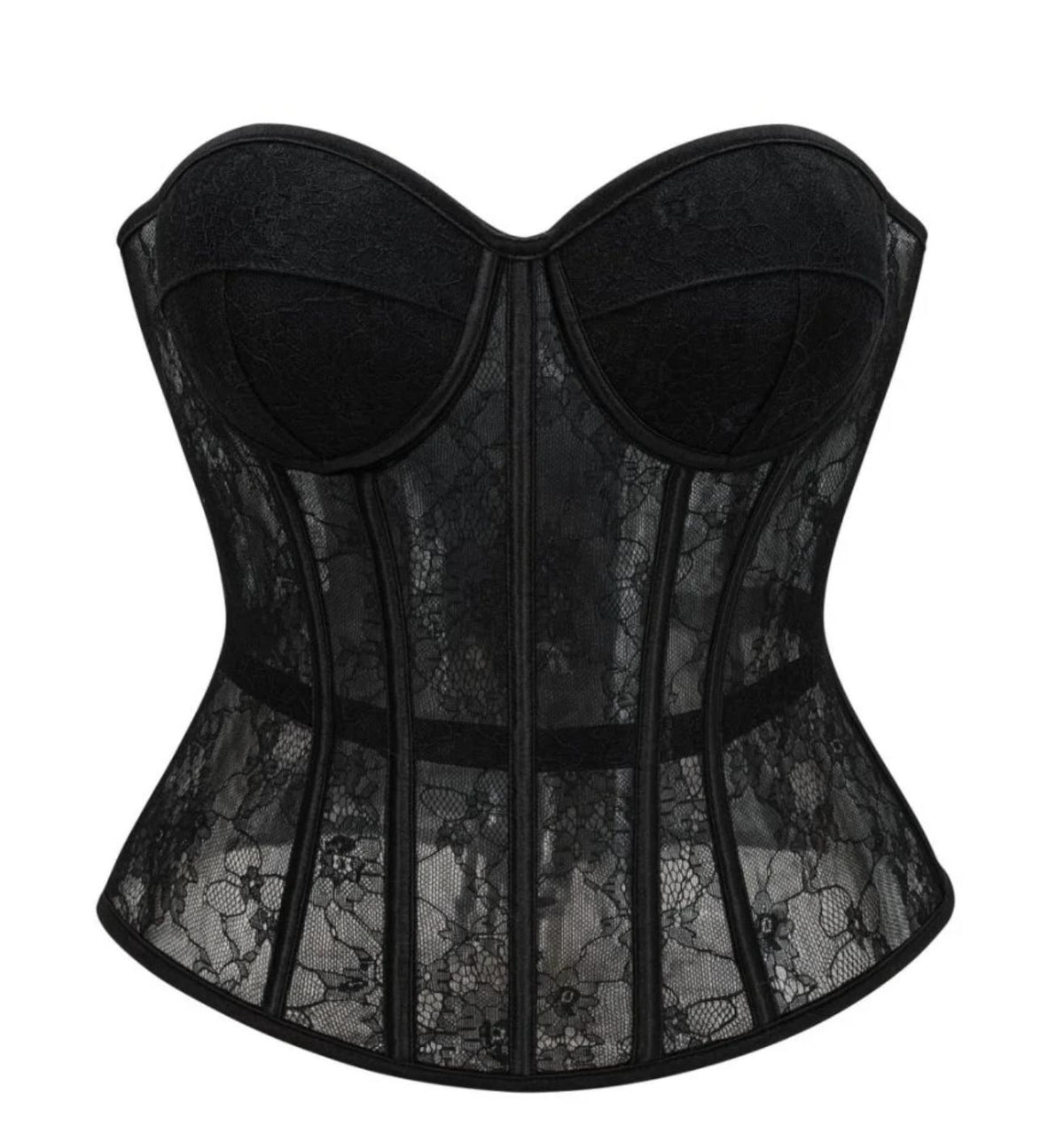 Black see-through floral lace overbust corset with structured boning and a sweetheart neckline.