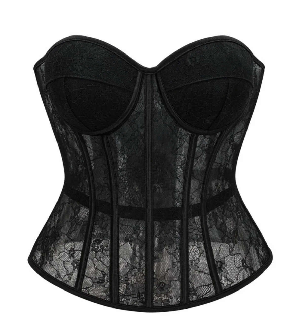 Black see-through floral lace overbust corset with structured boning and a sweetheart neckline.