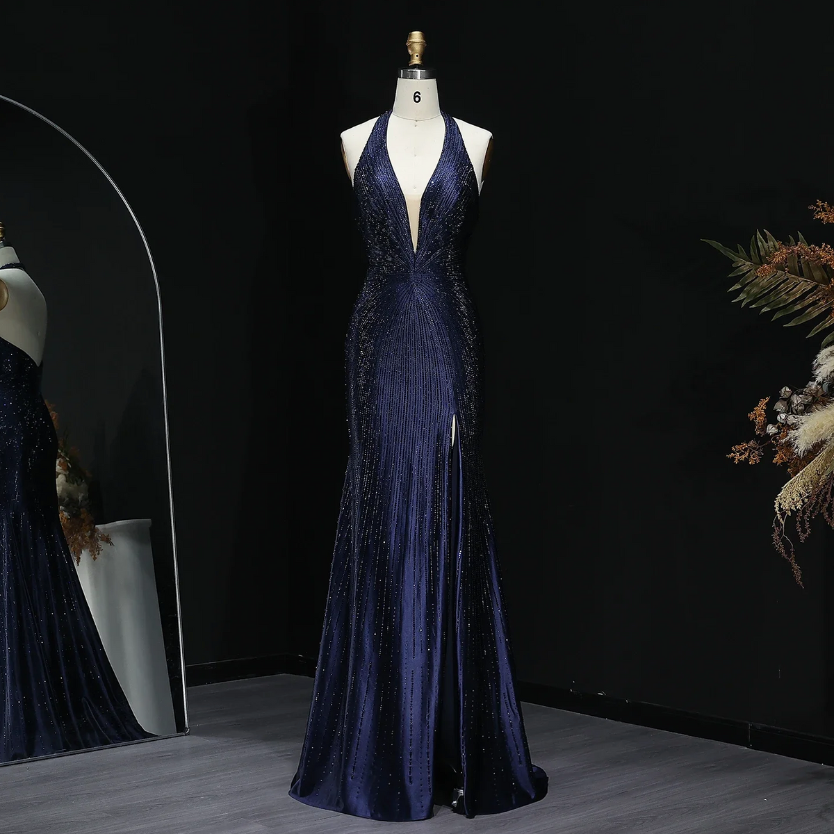 Midnight Soiree Gown | Crystal-Embellished Backless Halter Gown with Thigh Slit