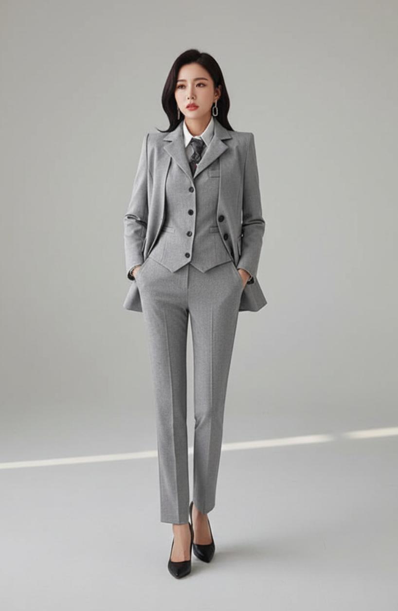Tailored grey serge three-piece suit featuring a structured blazer, button-up vest, and coordinating trousers.