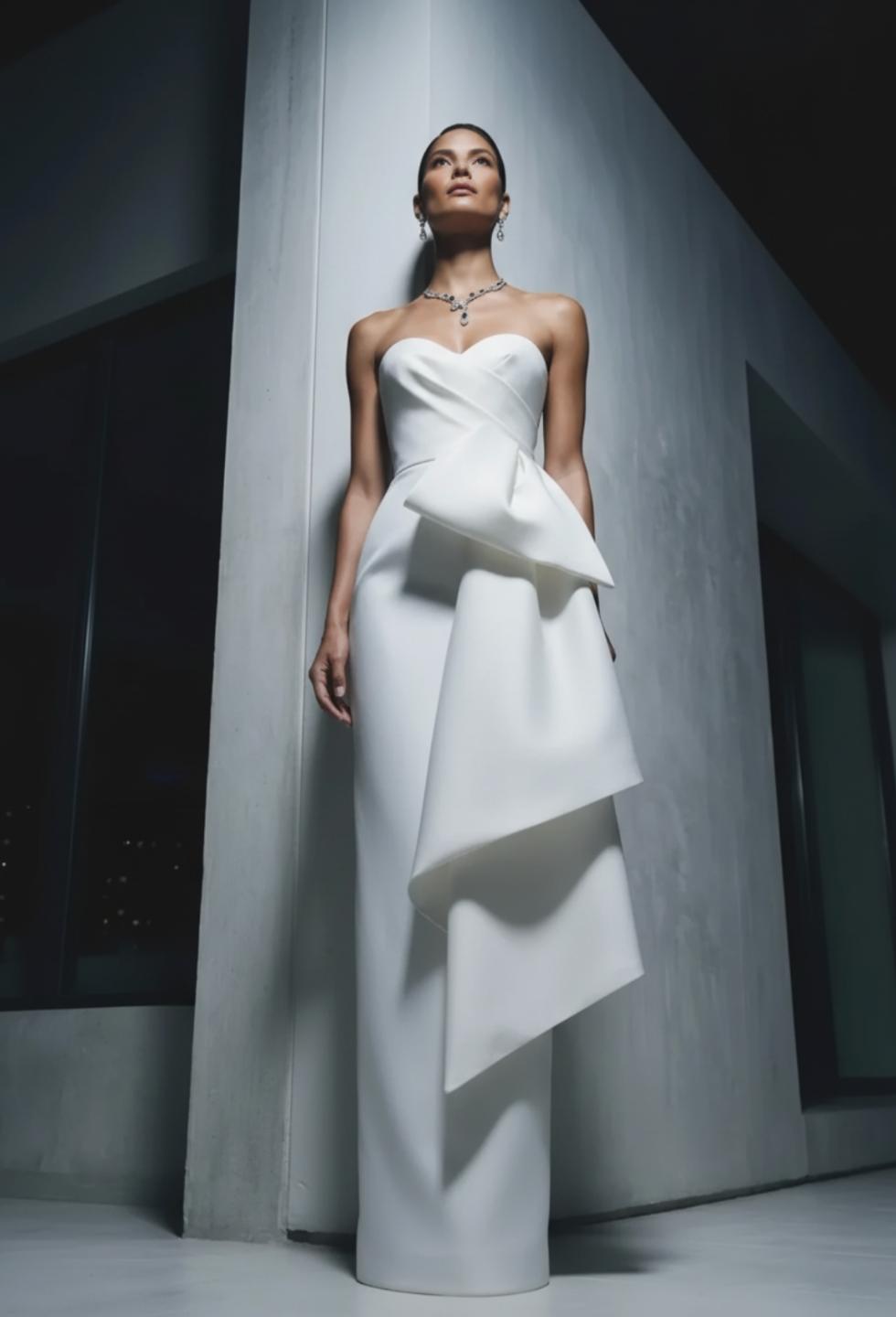 Strapless white Mikado satin gown with a pleated crossover corset bodice and elegant draped side detail.