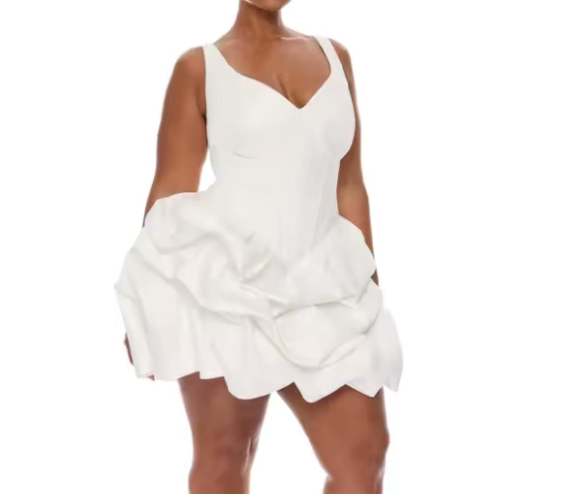 White satin mini dress with a V-neckline, thick straps, and a voluminous, pleated A-line skirt.