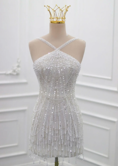 Princess of Monaco Mini Dress | Beaded Halter Sheath with Pearls
