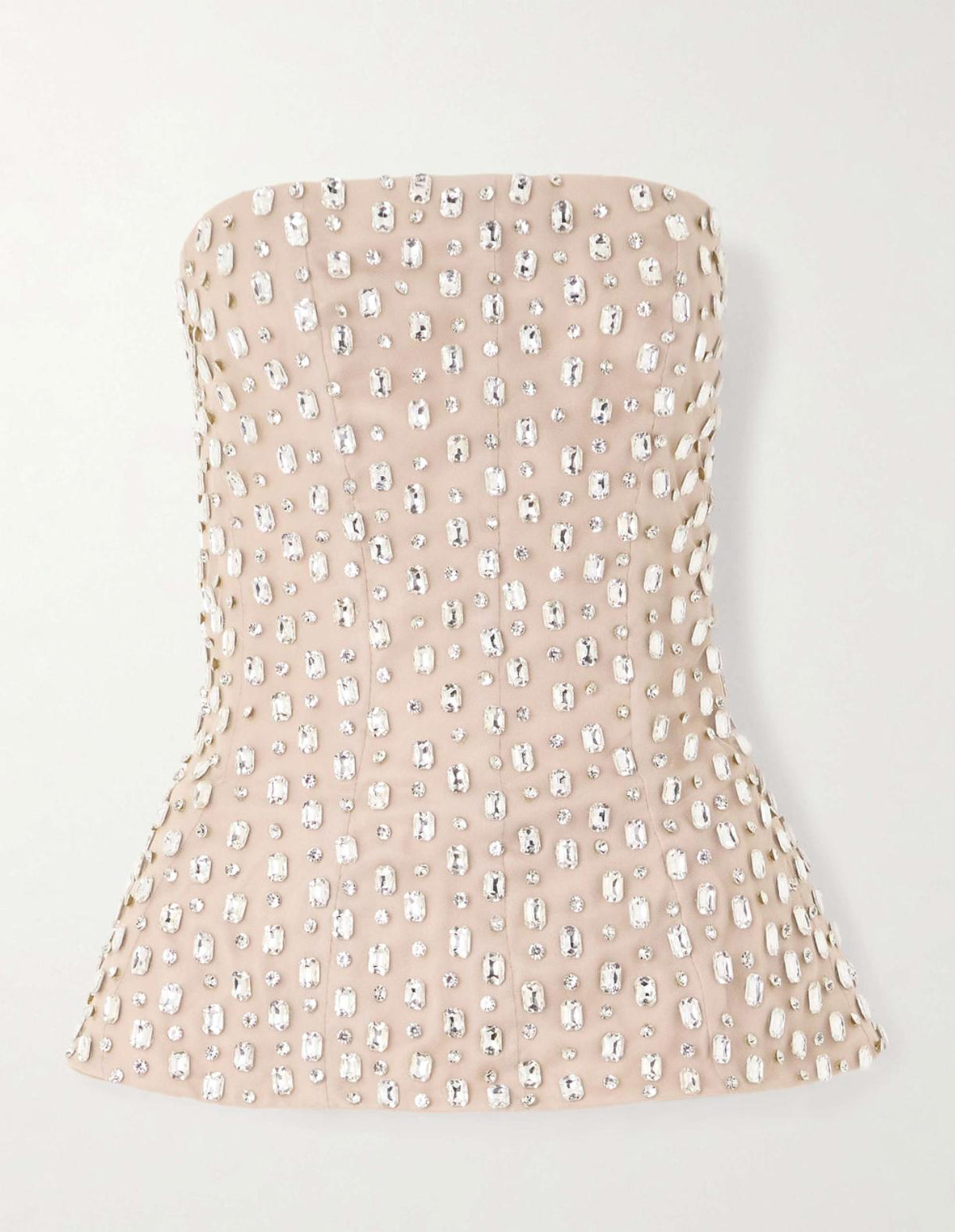 Nude strapless corset bodice embellished with sparkling clear crystals in a fitted, sleeveless design.