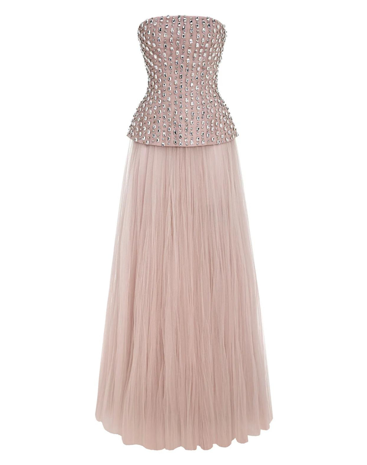 Strapless blush pink gown with a crystal-embellished bodice and a flowing floor-length tulle A-line skirt.