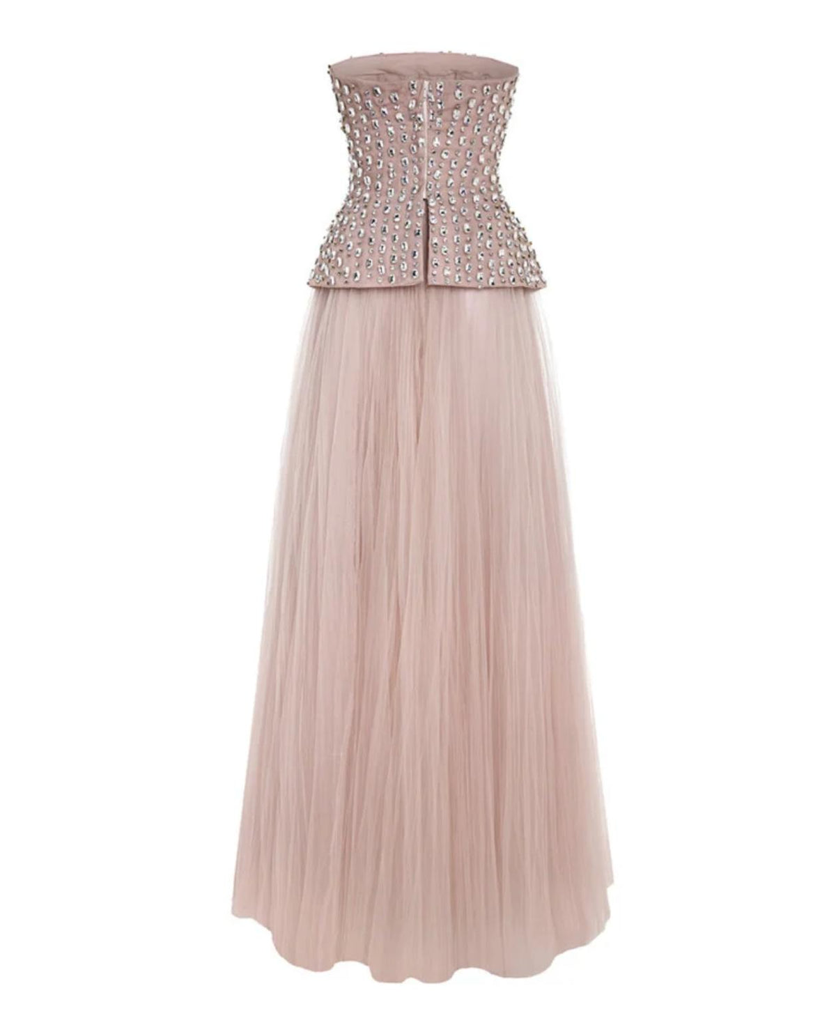 Blush pink strapless gown with a crystal-embellished bodice and a floor-length pleated tulle A-line skirt.
