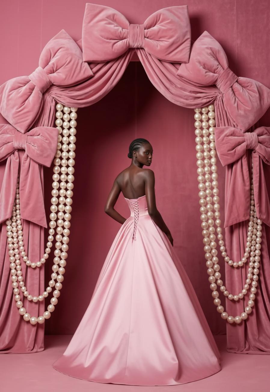 Regent pink satin princess gown with a floor-length A-line skirt and lace-up back detail against a decorative bow backdrop.