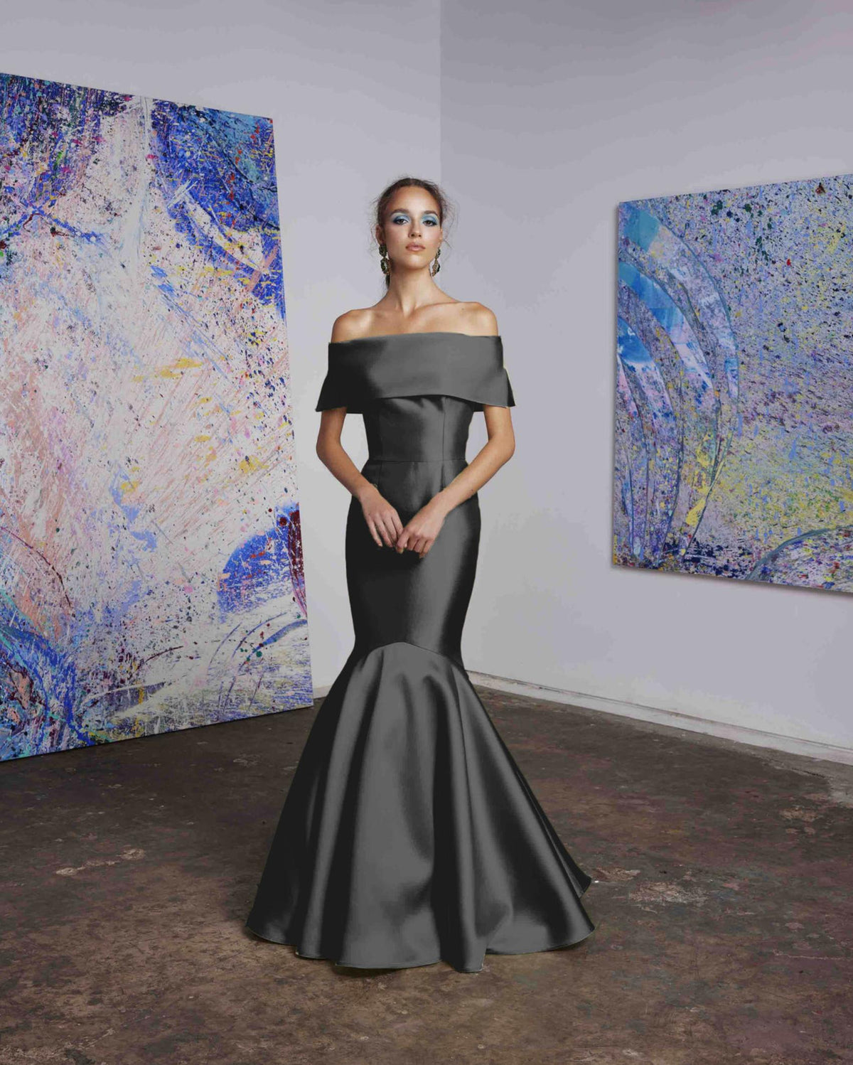 Elegant charcoal grey satin off-the-shoulder mermaid gown with a wide collar band for formal events.