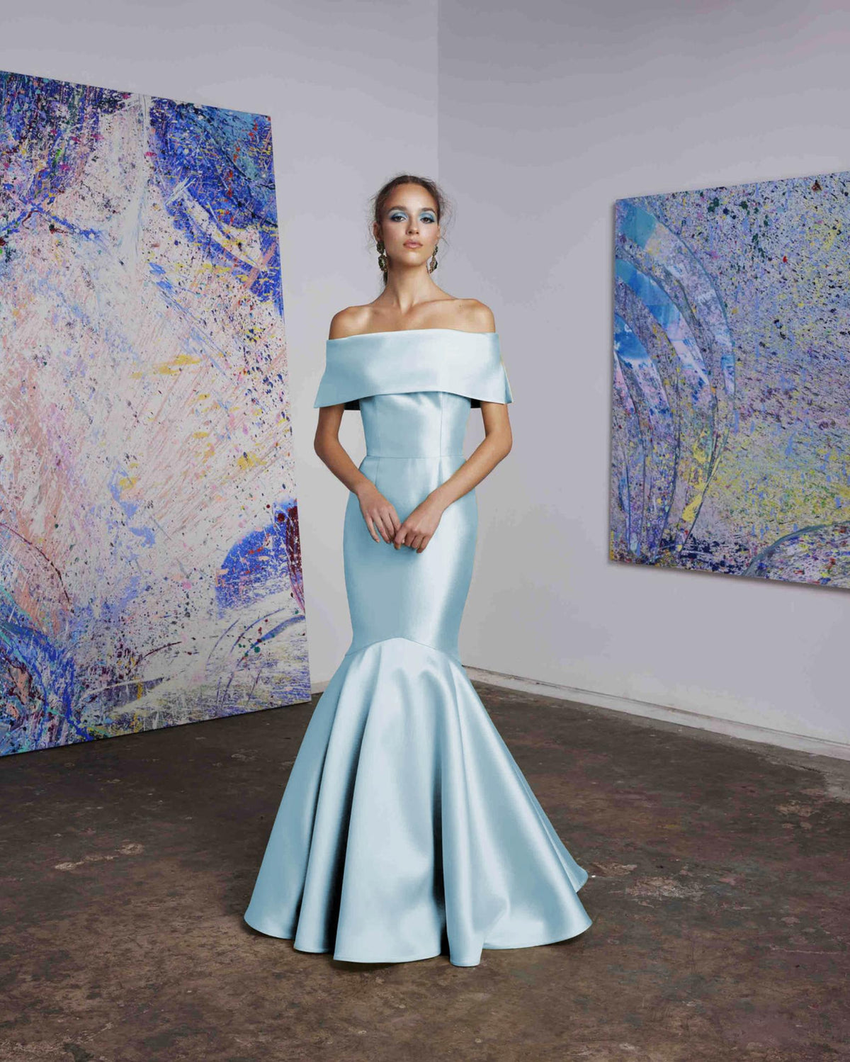 Light blue satin off-the-shoulder mermaid gown with a wide collar band for formal events.