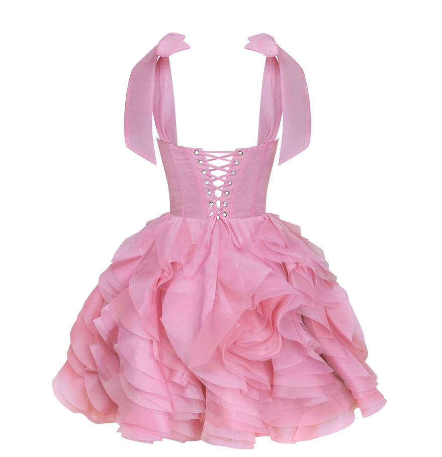 Pink organza mini dress with a lace-up corset back, tie straps, and voluminous ruffled skirt.