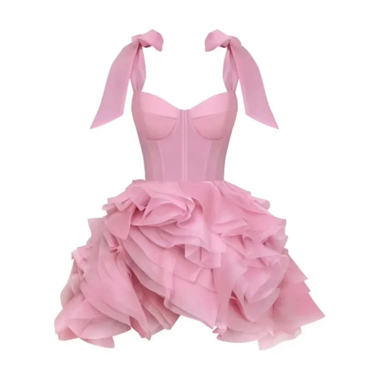Pink organza mini dress with a sweetheart neckline, tie straps, and a voluminous ruffled skirt.
