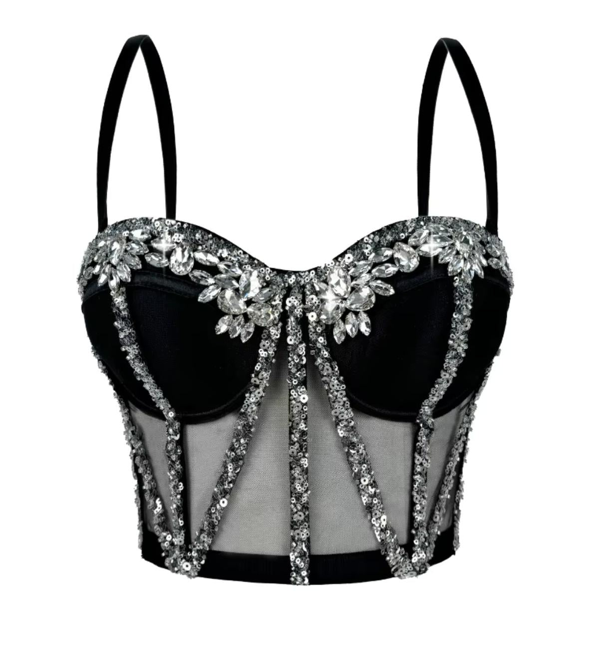 Black mesh bustier with structured boning, silver sequin trim, and sparkling rhinestone embellishments on the neckline.