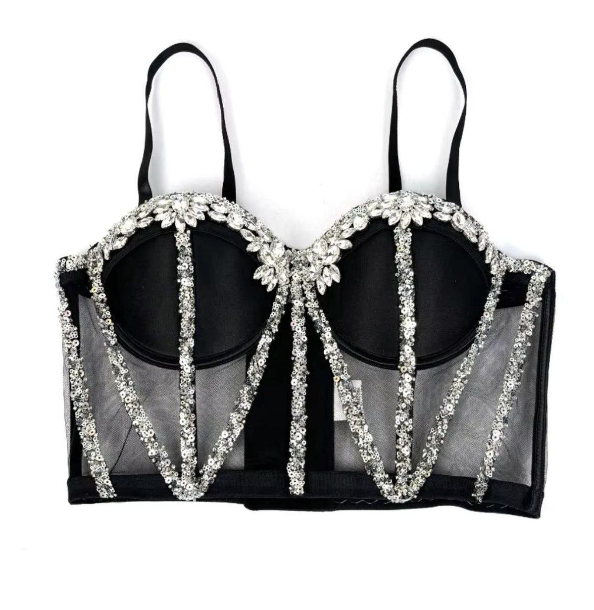 Black mesh Rocky bustier with structured boning, sparkling rhinestone embellishments, and sequin detailing on a cropped silhouette.