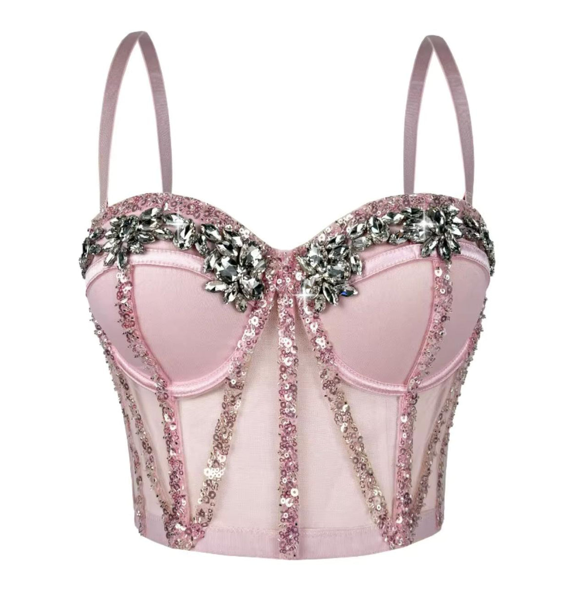 Pink mesh Rocky bustier with structured boning, sequin trim, and ornate rhinestone embellishments on the cups.