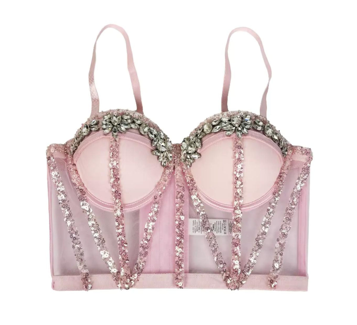 Pink mesh Rocky bustier with rhinestone embellishments, sequin-trimmed boning, and a supportive cropped silhouette.