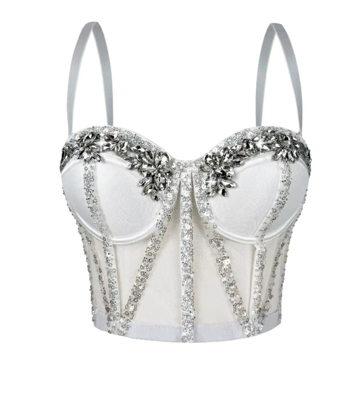 White mesh Rocky bustier with structured boning, silver sequin trim, and sparkling crystal embellishments on the cups.