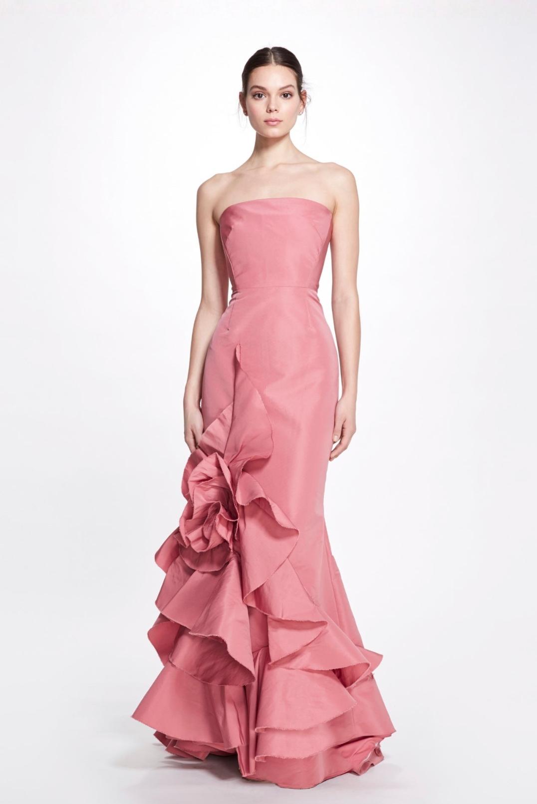Rosetta gown in pink faille featuring a strapless fitted bodice and a cascading 3D floral ruffle detail.
