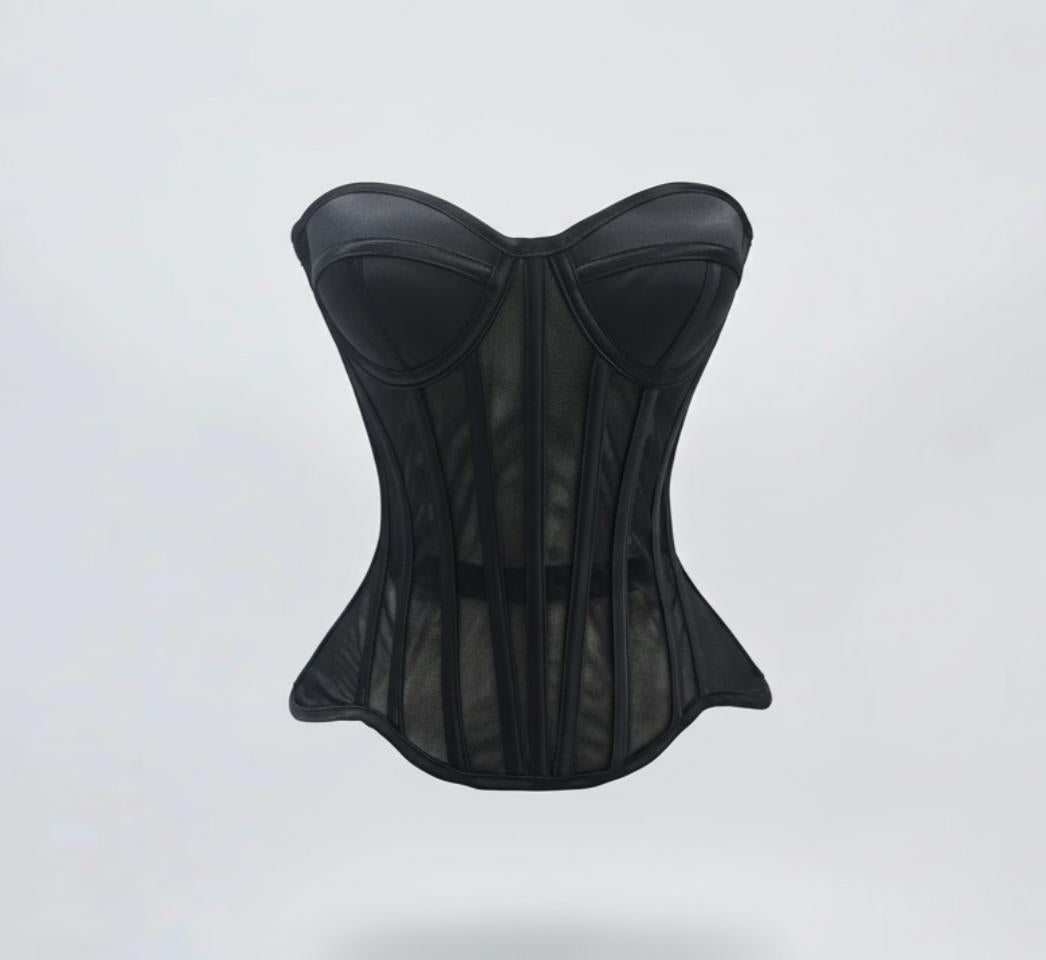 Black steel-boned corset with mesh tubing, sculpted cups, and a structured waist-cinching silhouette.