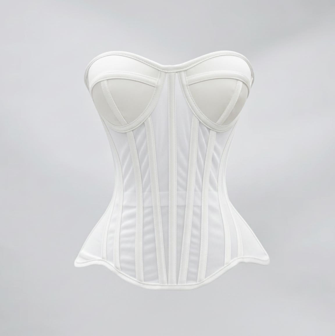 White steel-boned corset with structured cups and vertical mesh tubing panels for a sculpted, waist-cinching silhouette.