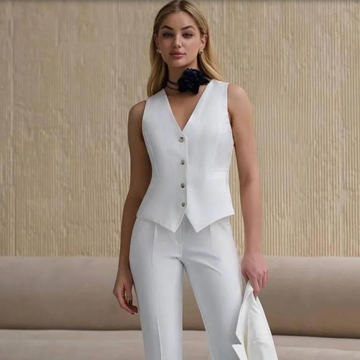 Woman wearing a tailored white three-piece suit with a button-up vest and matching trousers in a structured serge fabric.