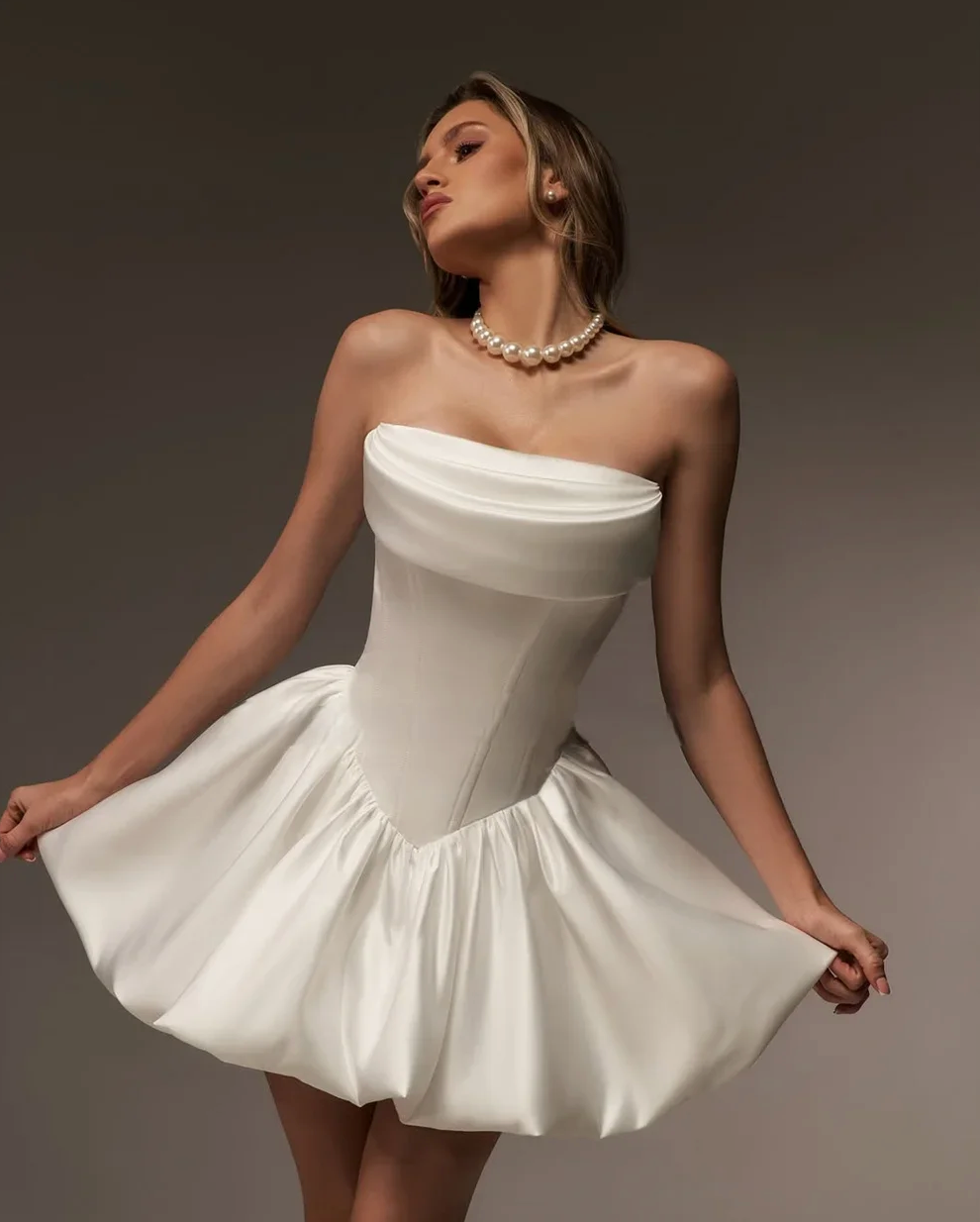 Santa Monica Mini Dress | Silk Satin Strapless A-Line Bridal Mini | And She Is Couture®