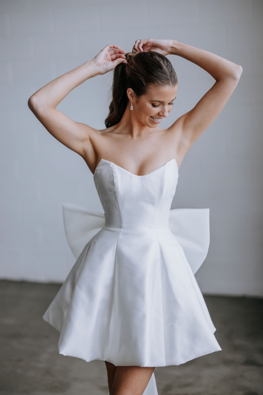 White Satin Bridal Mini Dress with Detachable Organza Bow