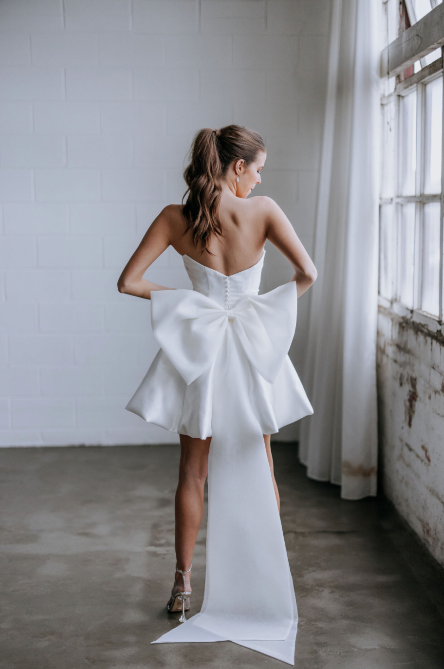 White Satin Bridal Mini Dress with Detachable Organza Bow