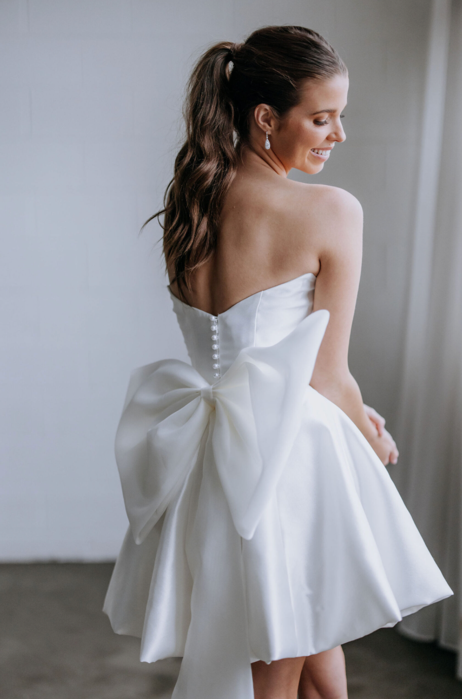 White Satin Bridal Mini Dress with Detachable Organza Bow