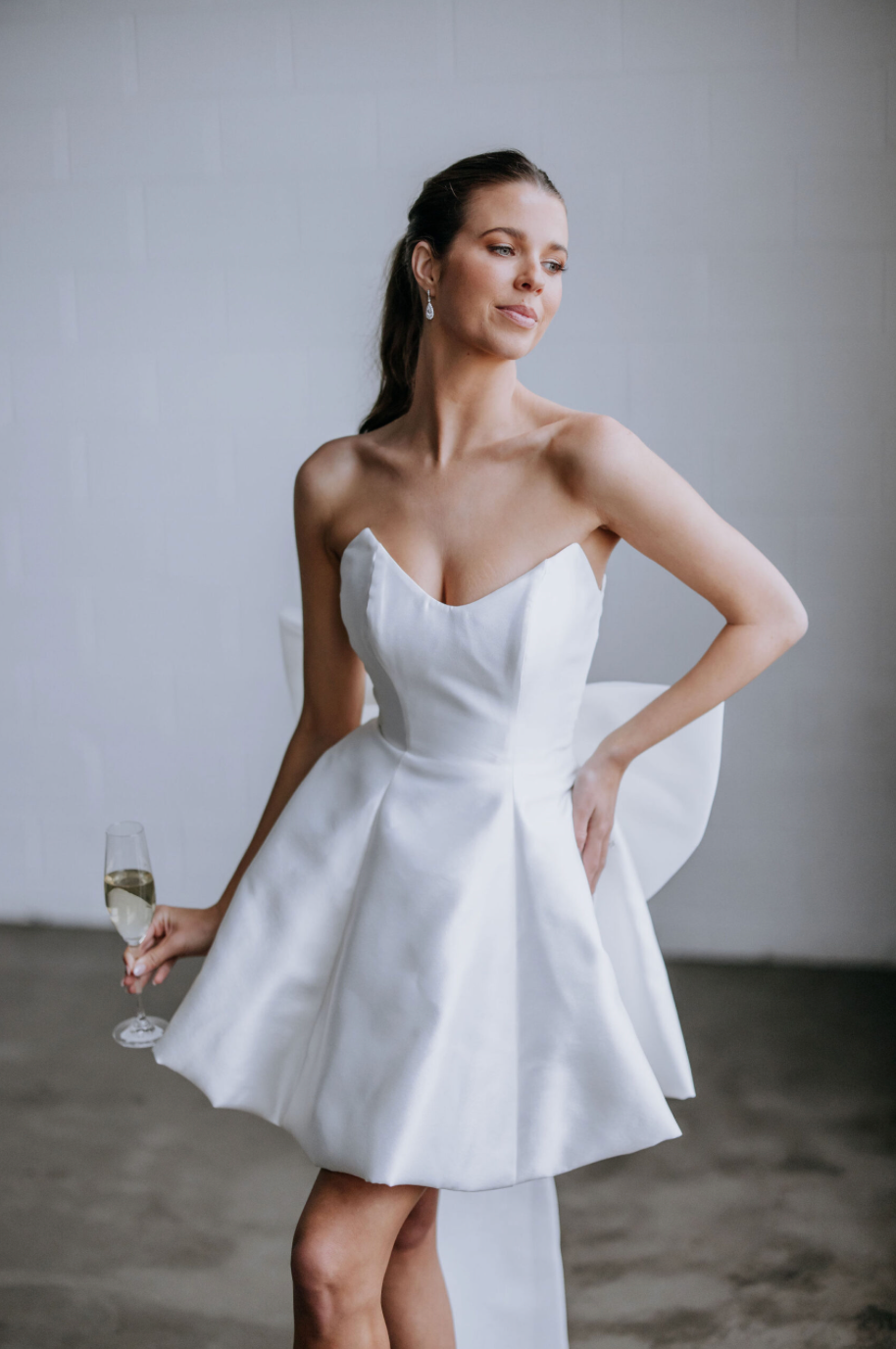 White Satin Bridal Mini Dress with Detachable Organza Bow