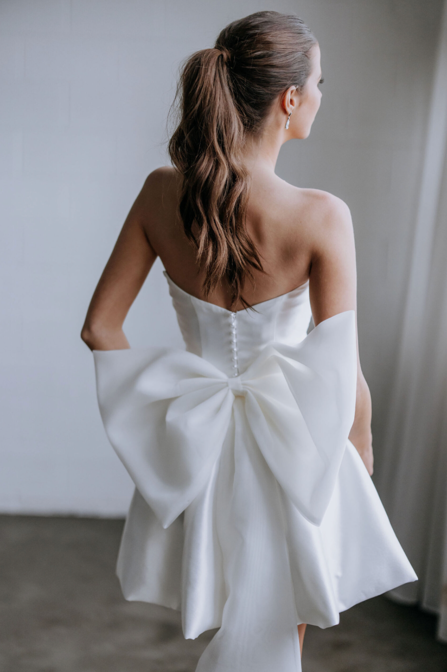 White Satin Bridal Mini Dress with Detachable Organza Bow