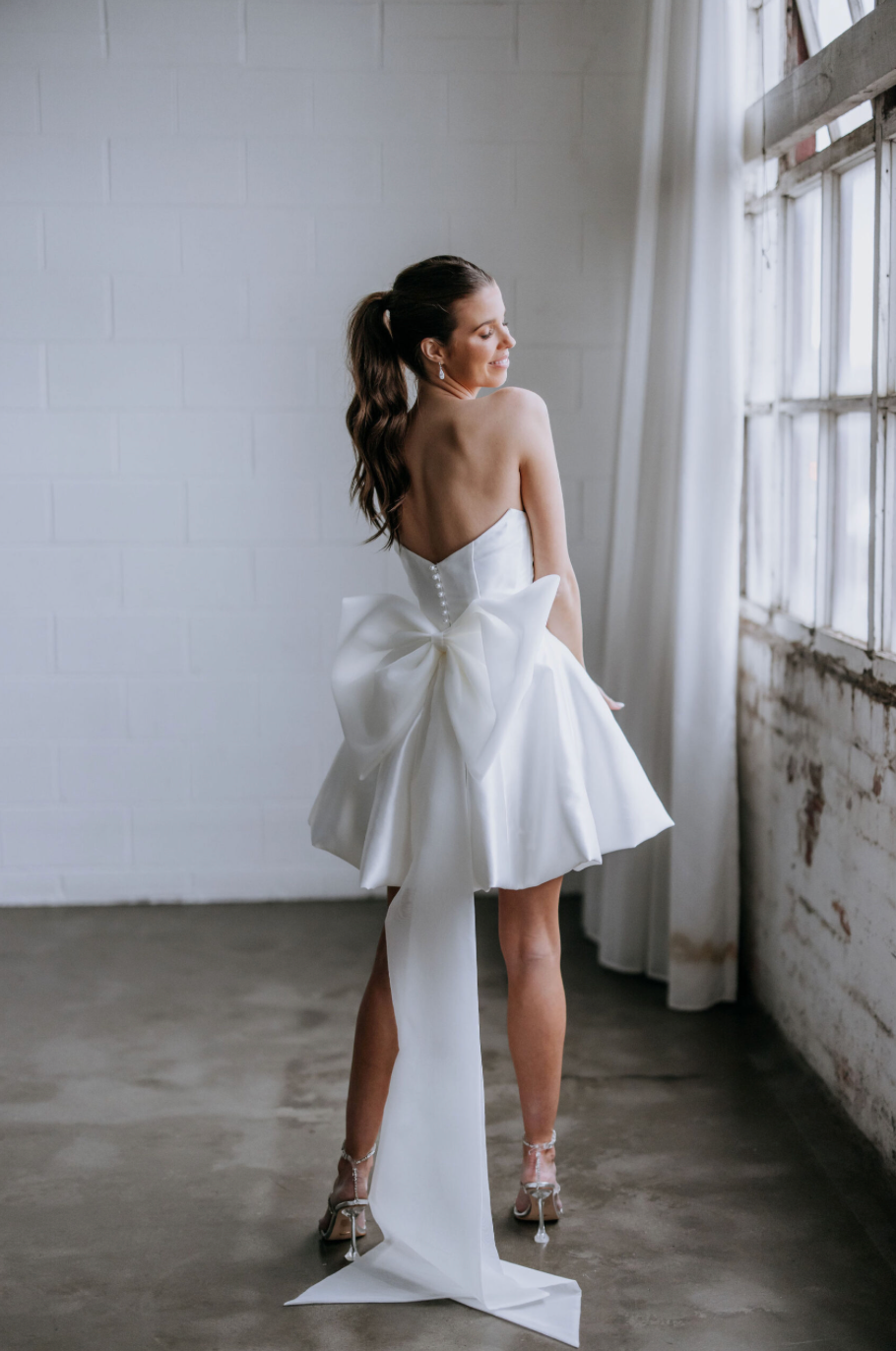 White Satin Bridal Mini Dress with Detachable Organza Bow