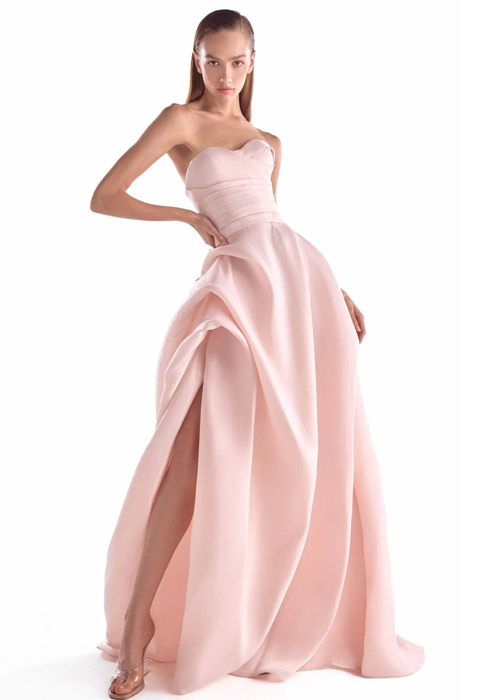 Salmon Pink Organza Strapless Gown with High Slit